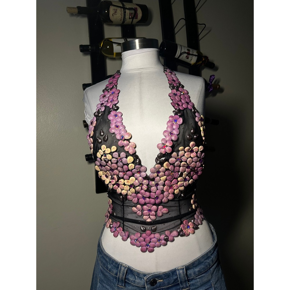 RARE Ema Savahl Hand Painted 3D Floral Halter Tie Back Top Black Mesh Appliqué - Picture 11 of 12